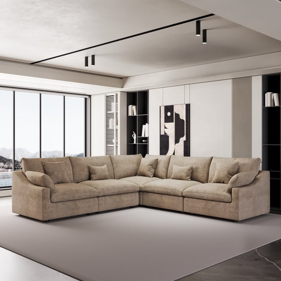 120" Modular Sofa & Sectional Sofa - L Shaped Deep Seat Cloud Couch in Soft Linen Blend Fabric,Perfect for Apartment & Small Space Living Room, 5-Seat Modern Sofa, Khaki Couch