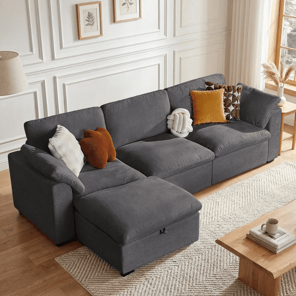 120" Oversized Cloud Sectional Sofa, L-Shaped Modular Couch with Storage Ottoman, Linen Fabric, Deep Seat, Dark Gray