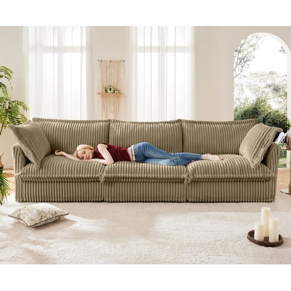 120" Oversized Modular Sectional Sofa, Comfy 3 Seat Corduroy Cloud Couch, Minimalist Deep Sofa Couches with Washable Cover, 2 Pillows, Modern Upholstered Sofas for Living Room, Light Camel