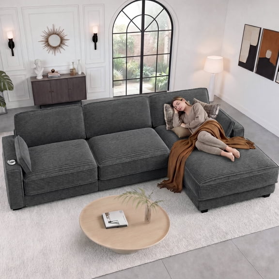 120" Oversized Modular Sectional Sofa, L Shaped Couch Set with 2 Pillows, 4 Seat Comfy Cloud Couches with Movable Ottoman for Living Room, Bedroom and Apartment, Chenille Dark Gray
