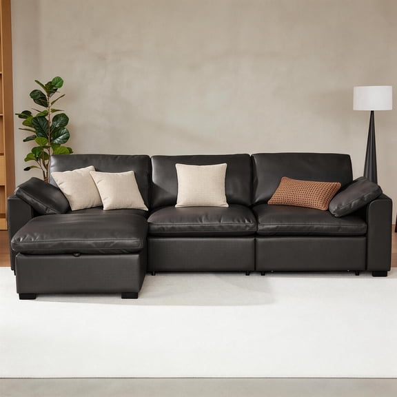 120" Oversized Modular Sectional Sofa with Storage Ottoman, L-Shaped Faux Leather Couch with Chaise Lounge, Black