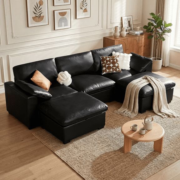 120" Oversized U-Shaped Cloud Sectional Sofa with Storage Ottoman, Down-Filled Deep Seat, Solid Wood Frame, Tool-Free Assembly for Living Room