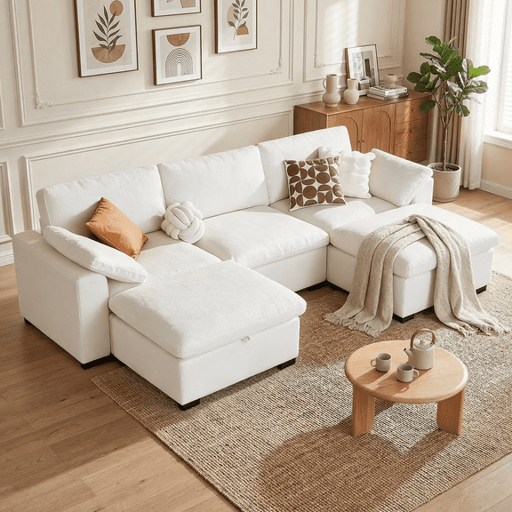 120" Oversized U-Shaped Cloud Sectional Sofa with Storage Ottoman, Down-Filled Deep Seat, Solid Wood Frame, Tool-Free Assembly for Living Room