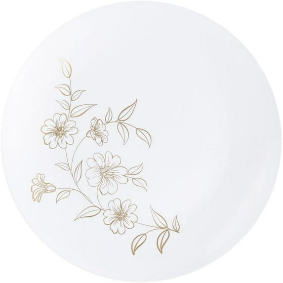 (120 PACK) EcoQuality 10" inch Round White Plastic Plates with Gold Primrose Design - Disposable China Like Party Plates, Heavy Duty Dinner Plates, Charger Plate, Dinners, Wedding, Serveware