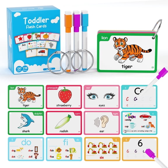 120 PCS, 236 Pictures Alphabet Flash Cards for Toddlers 2-8 Years, Toddler Flash Cards, Phonics Words Flash Cards, with Animals, Fruits, Vegetables, Numbers, Phonics, Alphabet, Drawing, Writing