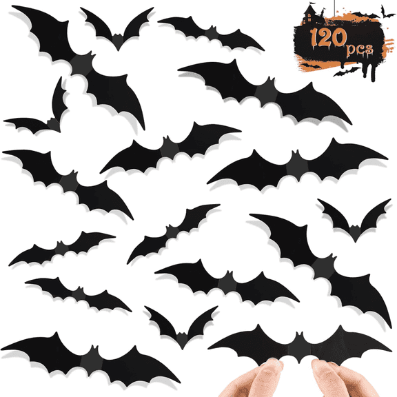 120 PCS Bat Wall Decor, Halloween Bats Decorations 3D Bats Wall Decor 4 Different Sizes PVC Bat Stickers for Home Decor/Indoor Party Decorations