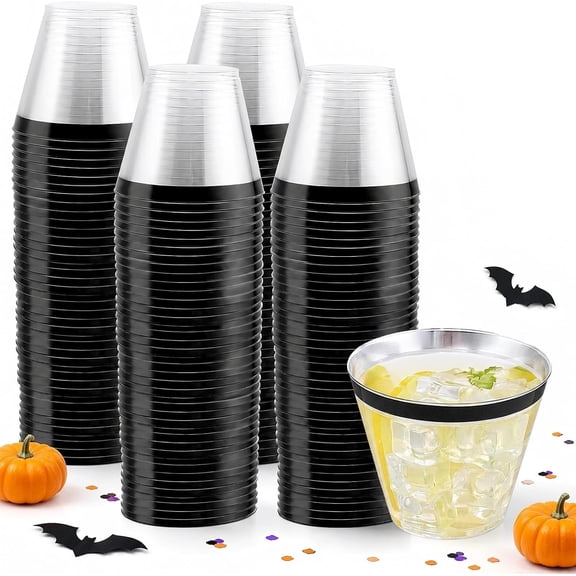 120 PCS Black Plastic Cups,Disposable Cocktail Glasses,Plastic Wine Glasses Disposable,9 oz Clear Cups for Party