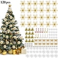 thumbnail image 1 of 120 PCS Christmas Tree Ornaments Xmas Decorations Set with Glitter Poinsettia, Bows, Ribbons, Leaves & Assorted Decoration Ball for Xmas Tree Holiday Wedding Party (Gold), 1 of 7