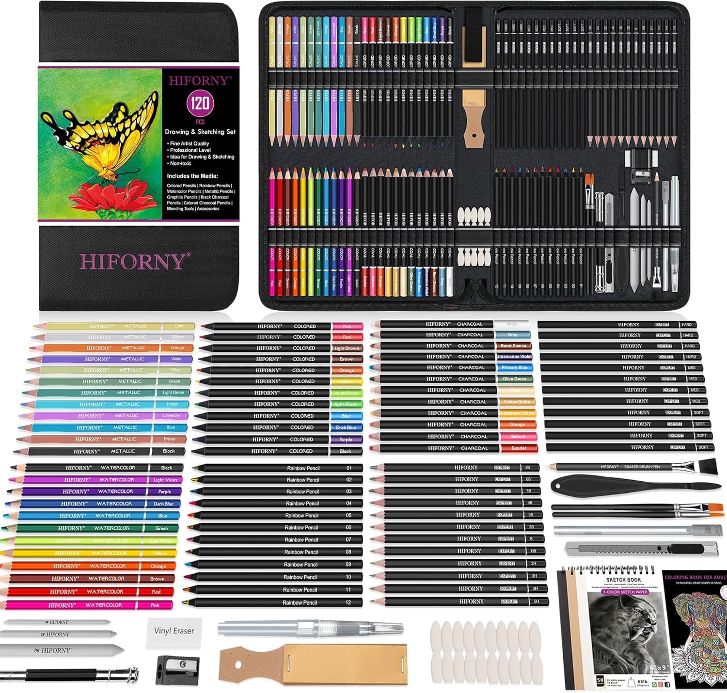 120 PCS Drawing Set Sketching Kit, Art Supplies with 3-Color Sketchbook,Coloring Book,Rainbow,Colored,Watercolor,Metallic,Graphite,Black & Colored Charcoal Pencils,Blending Tools and More