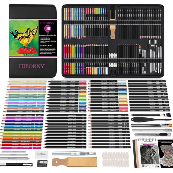 120 PCS Drawing Set Sketching Kit, Art Supplies with 3-Color Sketchbook,Coloring Book,Rainbow,Colored,Watercolor,Metallic,Graphite,Black & Colored Charcoal Pencils,Blending Tools and More
