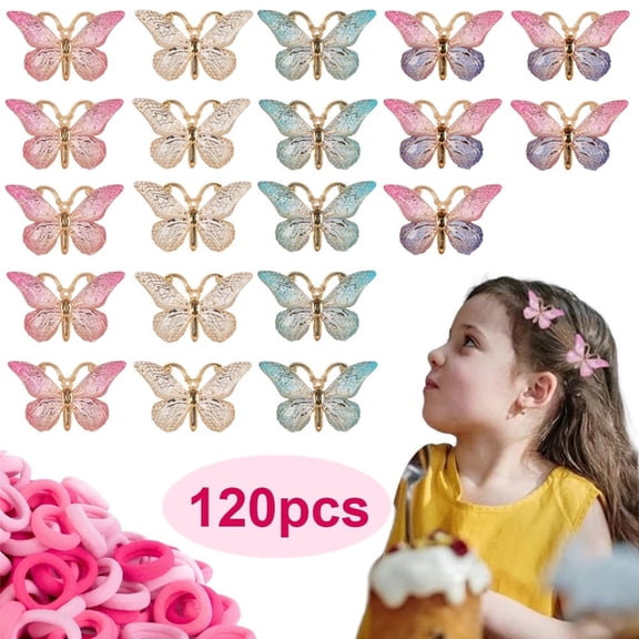 120 PCS Girls Hair Clip Set – Toddler Butterfly Hair Clips & Elastic Hair Bands for Babies, Kids, and Teens