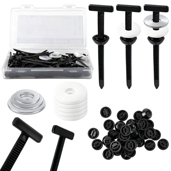 120 PCS Nylon Cable tie Buckle with PP Box & Flat Washer - UV-Resistant, self-Locking Easy-Install Zipper Buckle with pin-Button Design, Suitable for Automotive Repair and Bumper mounting.