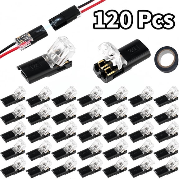 120 PCS Quick Solderless Wire Connectors Kit, Double Wire Plug in Connector with Locking Buckle, 2-Pin LED Strip Connectors with Insulating Tape for Low Voltage LED Light Strips, DIY Crafts