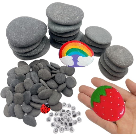120 PCS Rocks for Painting, Medium/Small/Tiny Rocks for Painting, Flat DIY Painting Rocks with 30PCS Wiggle Googly Eyes, Smooth Kindness Rocks for Crafts, Arts,Decoration,Hand Picked Stones
