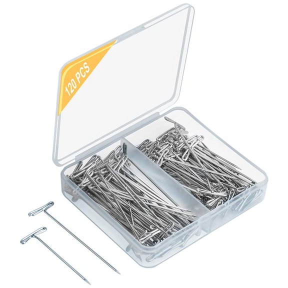 120 PCS T - Pins, Stainless Steel Wig T Pins 2 in (50 PCS) and (70 PCS) 1-1/2 in, Silver T Shaped Pins for Blocking Knitting, Modelling Crafts and Office with Plastic Box.