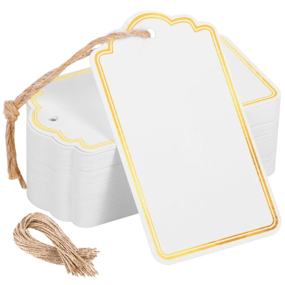 120 PCS Writable Gift Tags with String, White Blank Tags with Gold Foil for Holiday Gifts, DIY Crafts, Thank You Cards, Party Favors, Bookmarks and Decorations