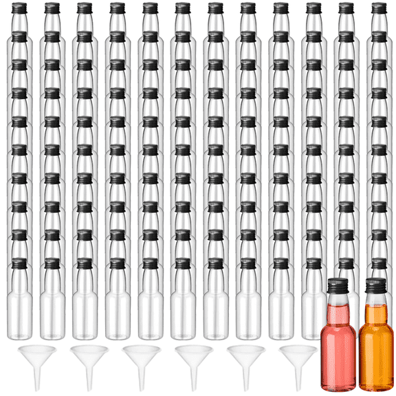 120 Pack 2oz Mini Plastic Liquor Bottles with Caps & 6 Funnels, 60ml Mini Shot Bottles for Wine Dressing Wedding Party Favors