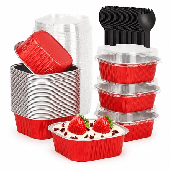 120 Pack 5 oz Disposable Mini Cake Pans with Clear Lids and Spoons, Square Aluminum Foil Baking Cups for Cupcakes, Brownies, Cheesecake, Desserts and Party Treats