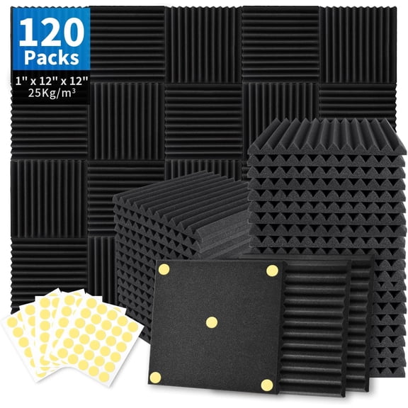 120 Pack Acoustic Foam Panels 1" x 12" x 12" Sound Proof Foam Panels Soundproofing Noise Cancelling Wedge Panels for Home Office Recoding Studio with 600 PCS Double-Side Adhesive
