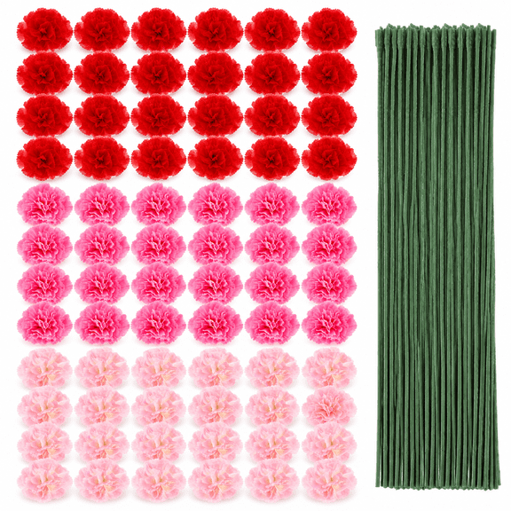 120 Pack Artificial Carnations with Stems Leaves Eternal Blossom Silk Carnation Flower Artificial Pom Pom Mini Hydrangea Birthday Party for Home, Wedding(Scarlet, Pink, Light Pink)