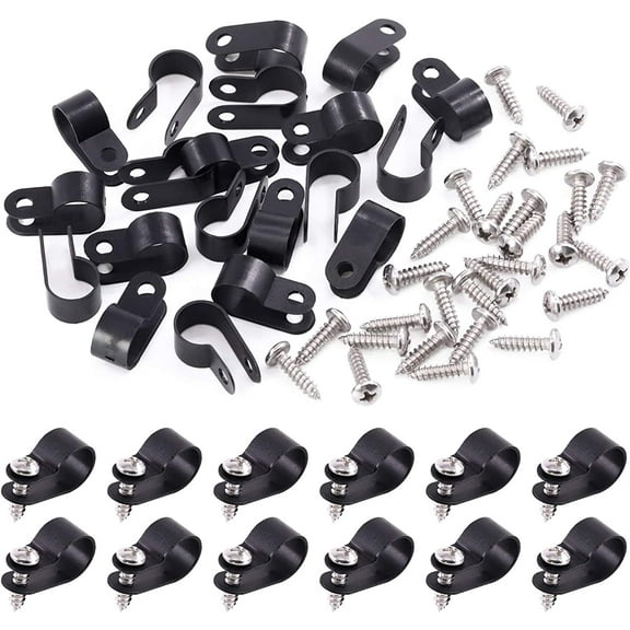 120 Pack Black 1/2 Inch Nylon Plastic R-Type Cable Clips Clamp Kit, Nylon Screw Mounting Cord Fastener Clips with 120 Pack Screws for Wire Management (1/2 Inch, Black)