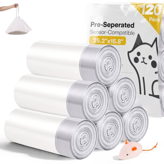 120 Pack Cat Waste Bags, Transparent Self Cleaning Litter Box Liners, Pre-Separated Heavy Duty Bags for Most Automatic Cat Litter Boxes 9-11 Gallon Capacity, White
