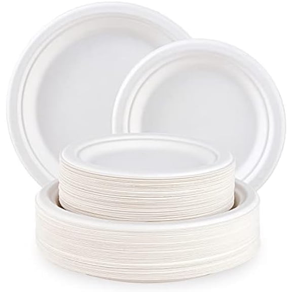 120 Pack Compostable Paper Plates, 9 inch and 7 inch Heavy Duty Disposable Paper Plates, Eco friendly Sugarcane Biodegradable for Party Dinner Birthday