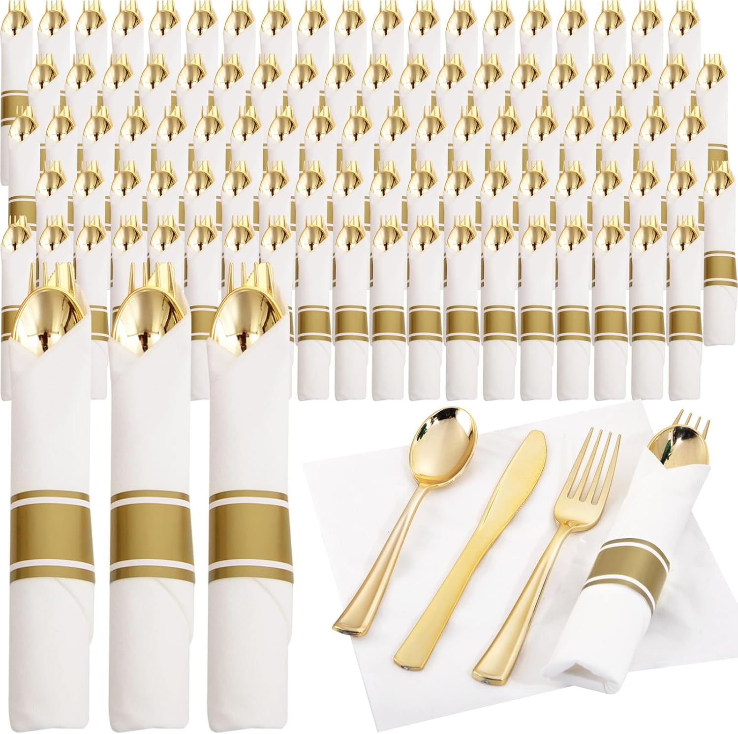 120 Pack Gold Plastic Cutlery Collection with Napkin 