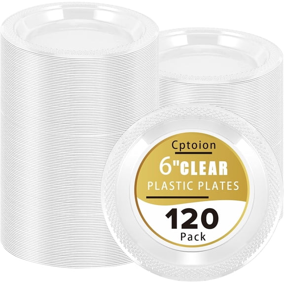 120 Pack Plastic Dinner Plates, 6 inch, Clear, Disposable, BPA Free, Durable, Stackable, Great for Parties, Weddings, Desserts, Cakes, Baked Potatoes, Salads, Catered Events