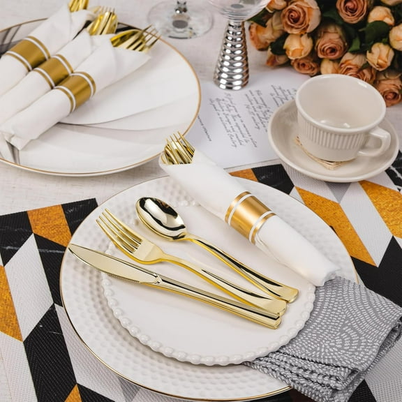 120 Pack Pre Rolled Gold Plastic Silverware Set, Wrapped Plastic Silverware Set with 120 Forks, 120 Knives, 120 Spoons and 120 Napkins, Disposable Cutlery Set for Party and Wedding