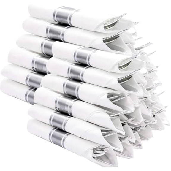 120 Pack Pre Rolled Silver Plastic Silverware Set, Wrapped Silverware Set Disposable with 120 Forks, 120 Knives, 120 Spoons, 120 Napkins, Disposable Cutlery Set for Party and Wedding