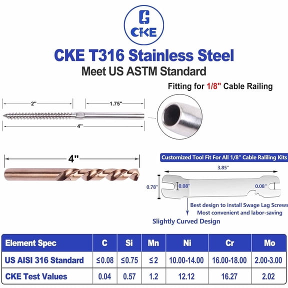 120 Pack T316 Stainless Steel Left & Right Handed Thread Swage Lag Screws for Wood Post 1/8" Cable Deck Railing Kit Stair Railing 1/8" Swage Lag Screws Left & Right Cable Railing Hardware Kit CR35