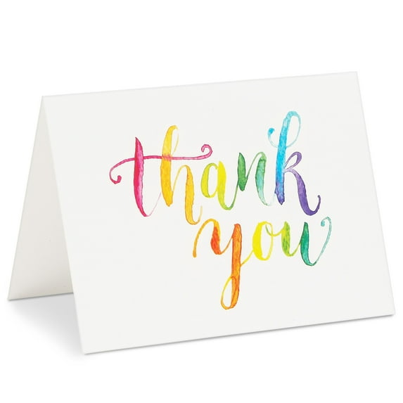 Sustainable Greetings 120 Pack Thank You Cards with Envelopes - 5 x 4-Inch Multicolor Watercolor Rainbow Font - Blank Inside - Bulk Thank You Notes Set for Weddings & Baby Showers