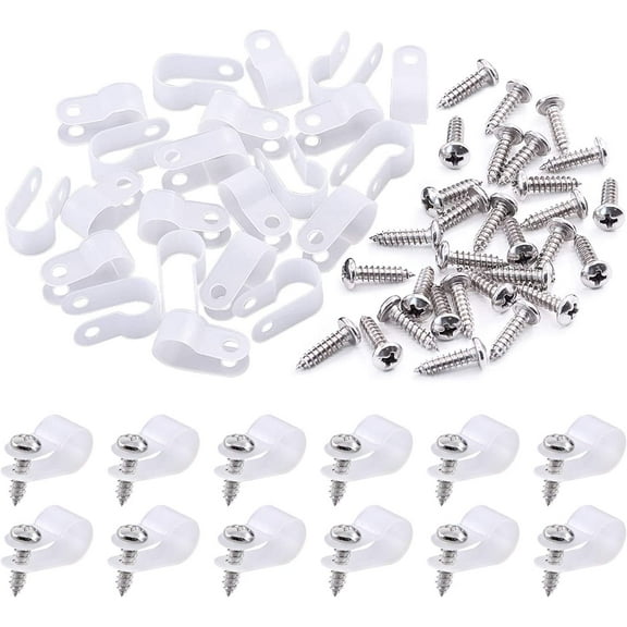 120 Pack White 3/8 Inch Nylon Plastic R-Type Cable Clips Clamp Kit, Nylon Screw Mounting Cord Fastener Clips with 120 Pack Screws for Wire Management (3/8 Inch, White)