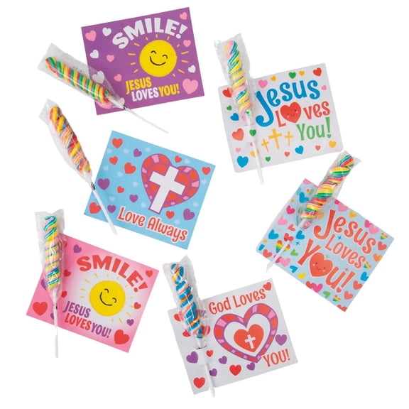 120 Pc. Religious Valentines Day Exchanges with Twisty Lollipops for 60