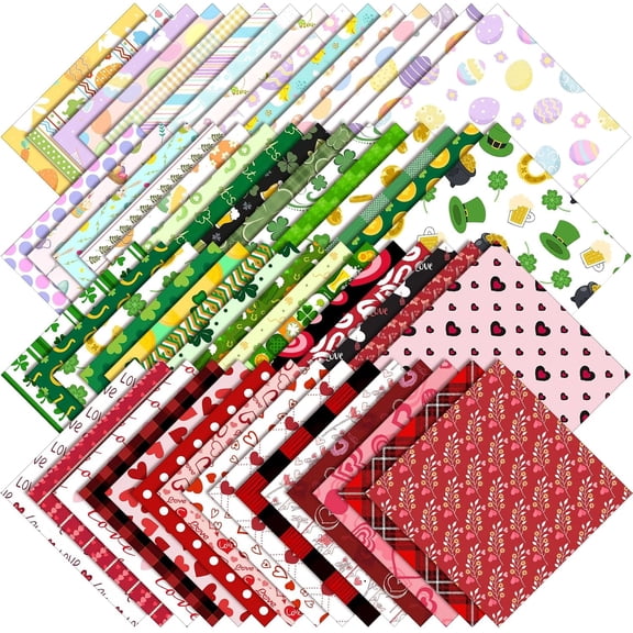 120 Pcs 10 x 10 Inch Romantic Valentine Easter St Patrick's Day Cotton Fabric Squares for Quilting Fabric Bundle Craft Fat Quarters Squares Patchwork for DIY Crafts Handmade Accessory
