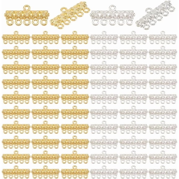 120 Pcs 2 Colors Alloy Multi Strand Tube Clasps 5 Loops Necklace Layering Clasps Chandelier Components Links Connectors for Layered Bracelet Necklace Jewelry (Silver and Gold) DIY
