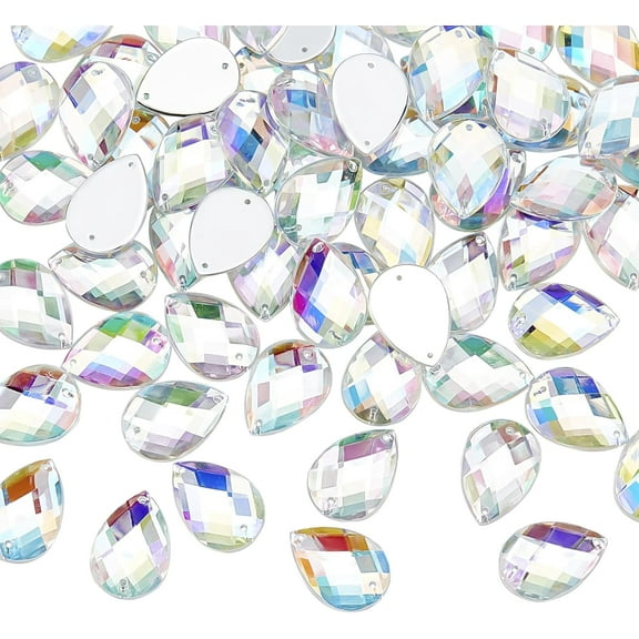 120 Pcs 25x18mm Teardrop Acrylic Rhinestone Gems with Holes AB Color Acrylic Jewels Embelishments Crystals Flat Back Sew on Rhinestone with Container for Costume Making DIY Sewing Clear DIY