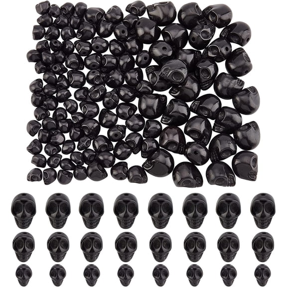 120 Pcs 3 Sizes Black Skull Beads Synthetic Turquoise Skull Head Beads Skull Shape Stone Loose Beads for Jewelry Making