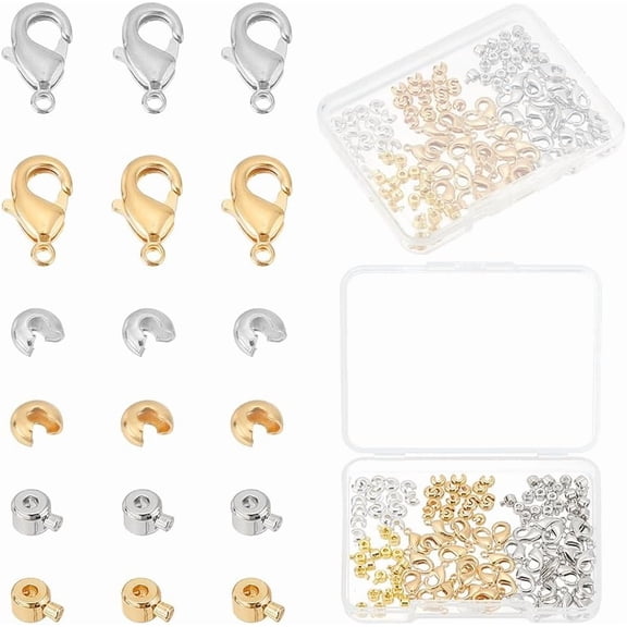 120 Pcs 3 Styles Assorted Brass Crimp Beads Real 18k Gold Plated Crimp Beads Covers Rondelle Brass Crimp Ends Metal Lobster Clasps Wire Guardians for Bracelets Making Mixed ColorDIY