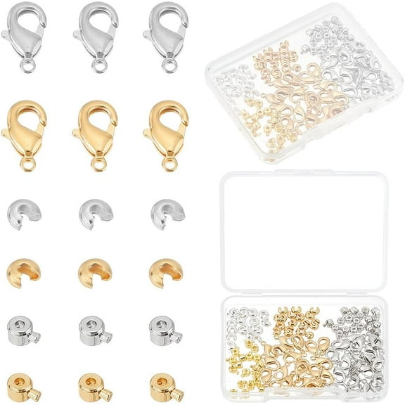 120 Pcs 3 Styles Assorted Brass Crimp Beads Real 18k Gold Plated Crimp Beads Covers Rondelle Brass Crimp Ends Metal Lobster Clasps Wire Guardians for Bracelets Making Mixed Color
