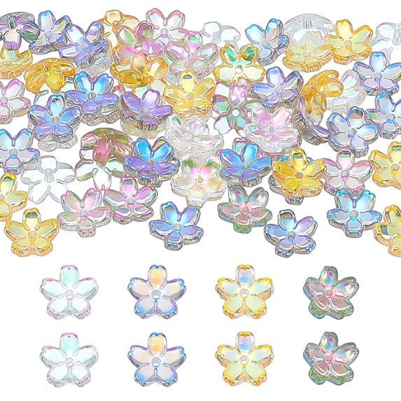 120 Pcs 4 Colors Glass Flower Beads 5-Petal Cherry Blossom Beads Electroplate Mini Floral Charms with Hole