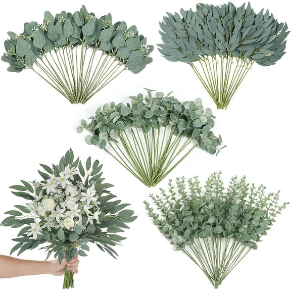 120 Pcs 4 Kinds Mixed Artificial Euc Leaves Stems Bulk Fake Silver Dollar Bundle Faux Plants Greenery for DIY Bouquets Floral Arrangement Wedding Engagement Party Decor (Green)
