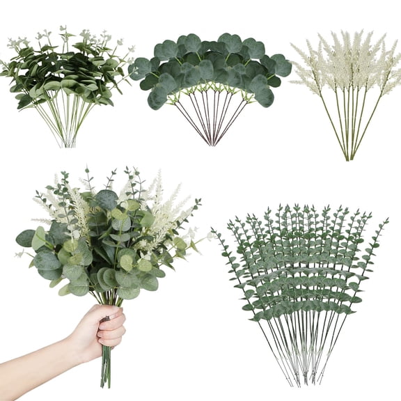 120 Pcs 4 Kinds Mixed Eucalyptus Leaves Stems Bulk Artificial Silver Dollar Leaves Picks Dried Eucalyptus Bundle Faux Spray for Wedding Vase Bouquet Floral Arrangement