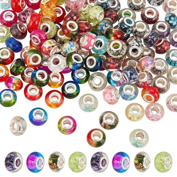 120 Pcs 4 Styles European Beads 5 mm Large Hole Crackle Resin Rondelle Beads Acrylic Flower Pattern