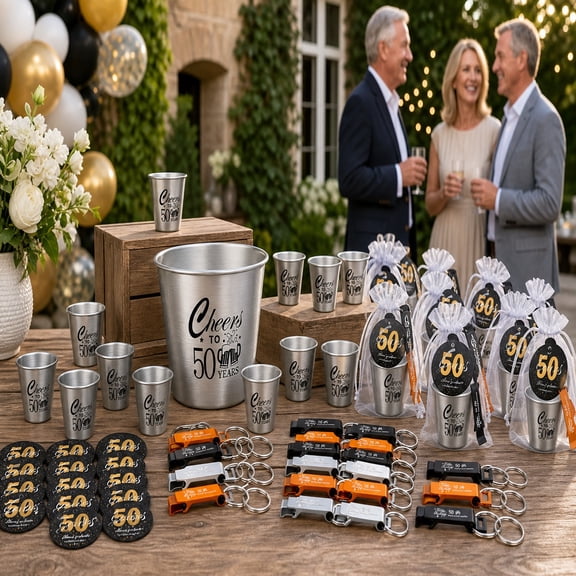 120 Pcs 50th 60th Birthday Party Favors Set for Guests Bulk Stainless Steel Shot Cups Bottle Opener Keychains Gift Bags Thank You Cards Father’s Day Birthday Celebration Supplies