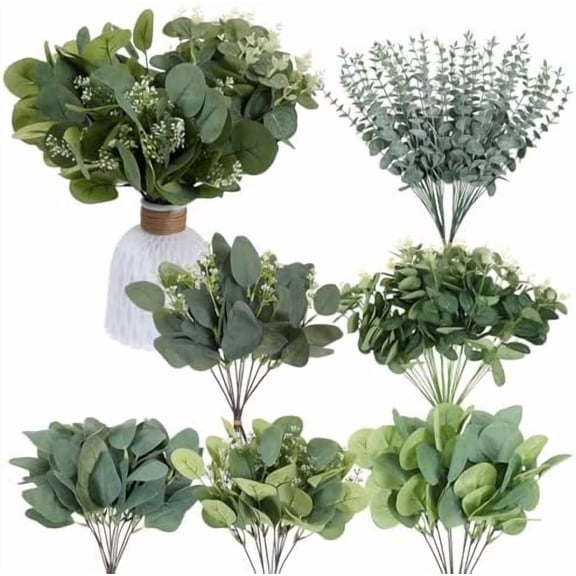 120 Pcs 6 Kinds Mixed Eucalyptus Leaves Stems, Bulk Fake Silver Dollar Eucalyptus Leaves Stems, Artificial Plants Greenery for Wedding Vase Decor, DIY Bouquets and Floral Arrangement