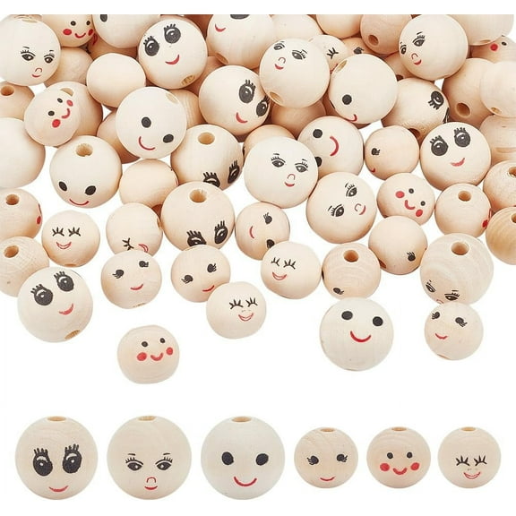 120 Pcs 6 Styles Face Wood Beads Differ Expressions Head Loose Beads Round Wooden Spacer Ball Beads for Funny Jewelry Making 4.7mm Hole for making