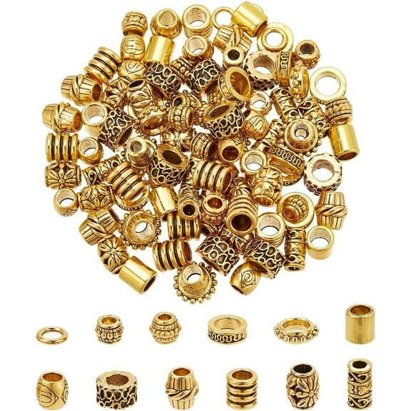 120 Pcs Alloy Hair Bead 12 Styles Tibetan Gold Spacer Beads Large Hole Dreadlock Beads Beard Beads Metal Loose Beads