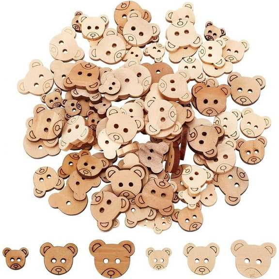 120 Pcs Animal Wooden Sewing Buttons 6 Styles 2-Hole Bear Shape Wood Buttons DIY